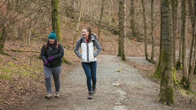 Two people walk along a woodland path in winter.